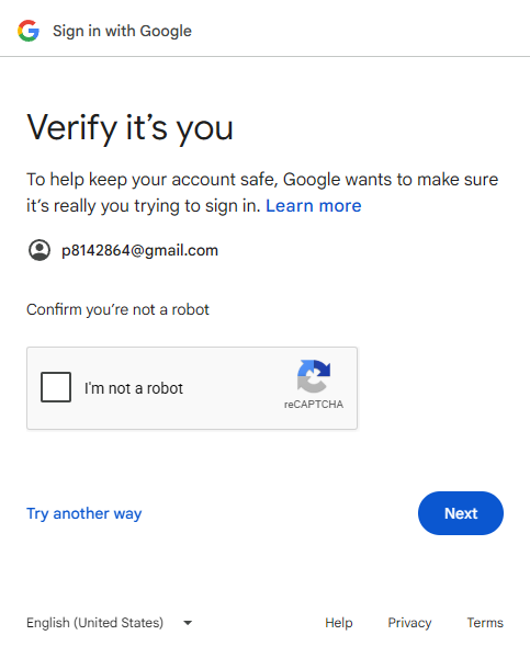 Variants B / E / G — switching to real Chrome (channel 'chrome') or CDP-attaching to an externally-launched Chrome clears the fingerprint check; Google escalates to a reCAPTCHA "Verify it's you" wall.