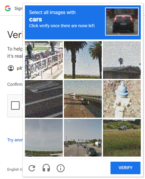 Variant F clicks the "I'm not a robot" checkbox; Google answers with the canvas-rendered image grid ("Select all squares with fire hydrants / bicycles") — unsolvable from the DOM.